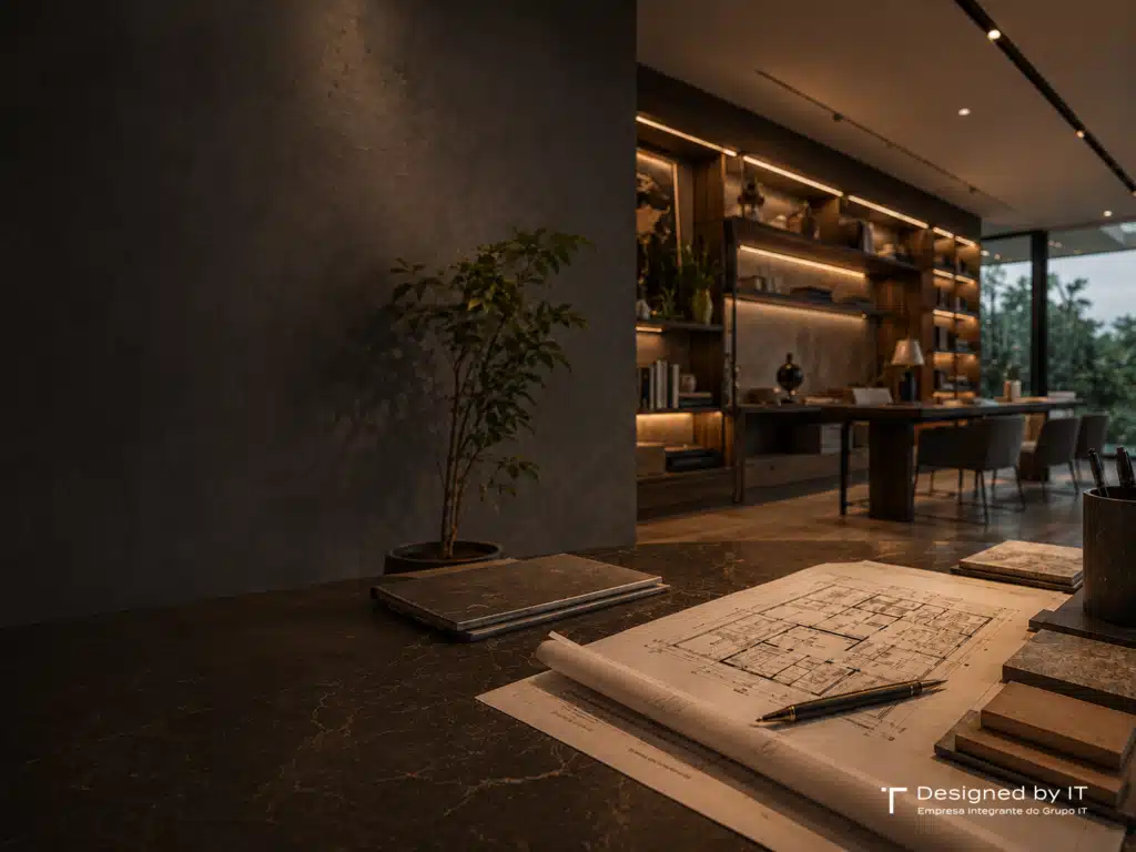 Mesa de escritório de arquitetura com planta residencial, amostras de materiais e instrumentos de desenho técnico.