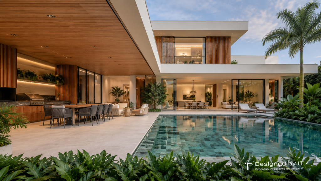 Piscina de borda reta com deck e espaço gourmet em casa moderna de 600 m²