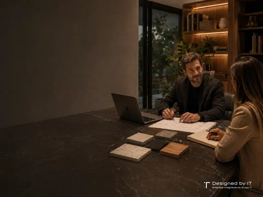 Arquiteto apresenta uma planta residencial durante reunião com cliente em escritório contemporâneo.