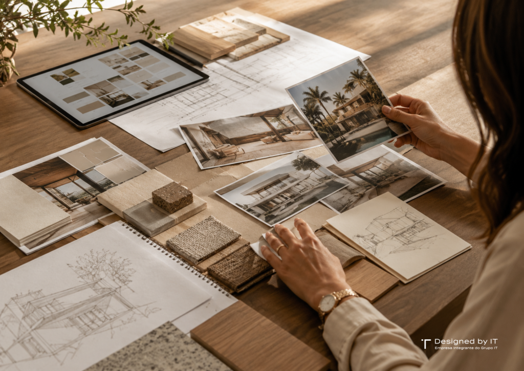 Mesa com referências de casas, desenhos, amostras de madeira, pedra, tecidos e paleta de cores para um projeto de arquitetura residencial.