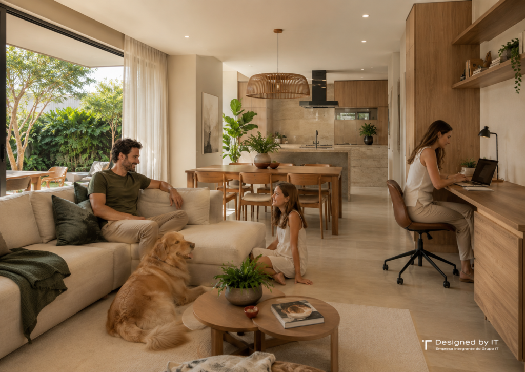 Família utiliza sala integrada, home office e área de convivência com pet em uma casa contemporânea planejada para sua rotina.
