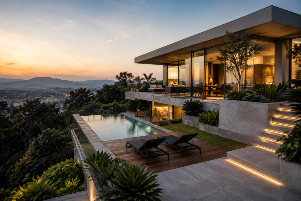 asa contemporânea em terreno em declive com piscina, pavimento inferior e vista aberta