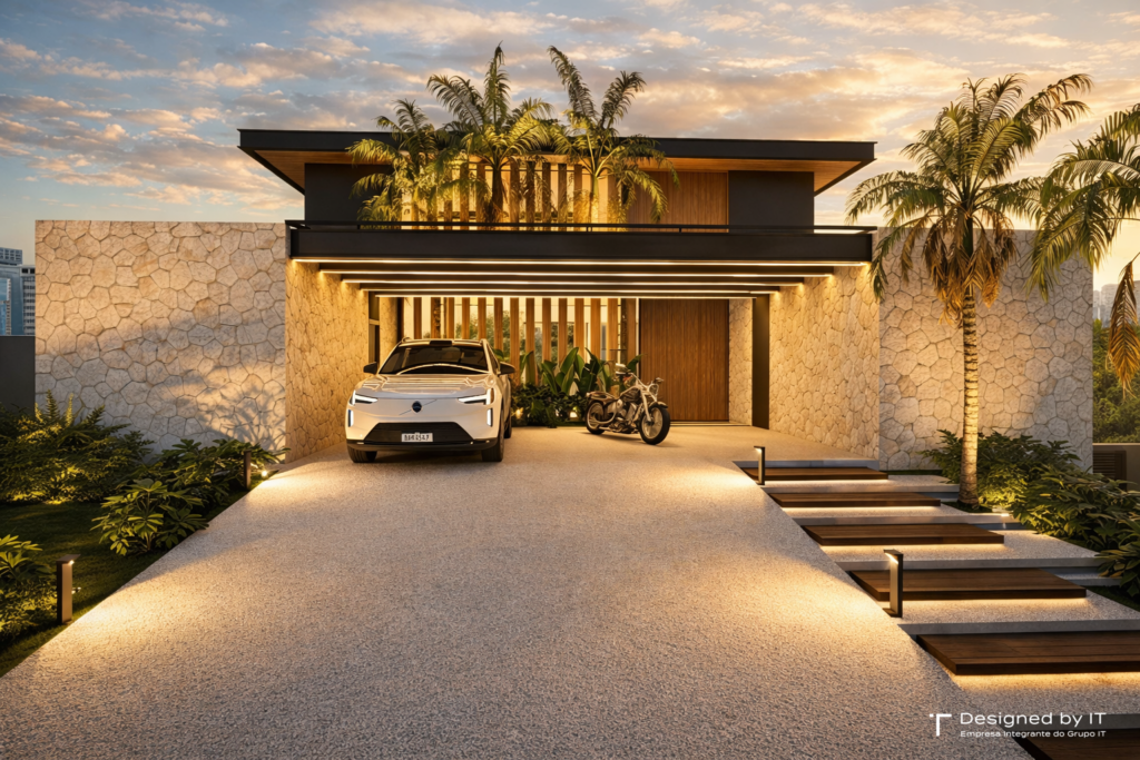 fachada casa tambore jundiai garagem integrada madeira pedra it arquitetura 1