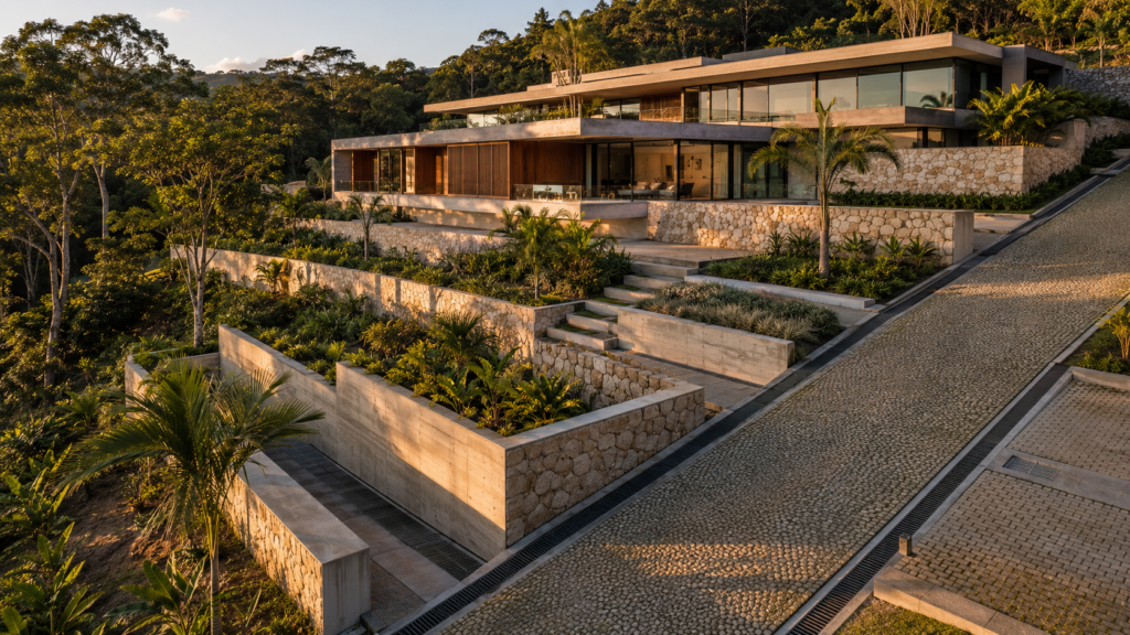 Casa contemporânea escalonada em terreno inclinado com contenção e drenagem integrada